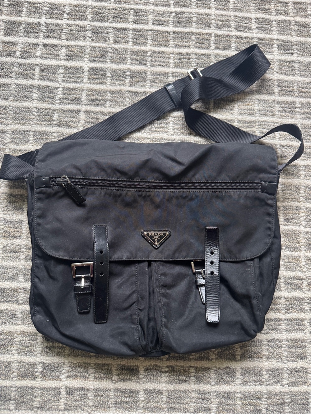 Prada Black Nylon Messenger Bag with Front Buckle Detail